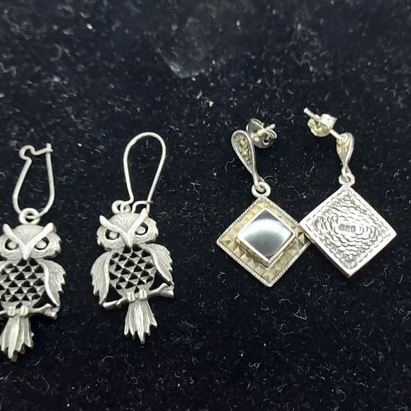 Pewter Owl Studs marked .925 & Square Marcasite Onyx Drop LOT of two - Picture 4 of 11